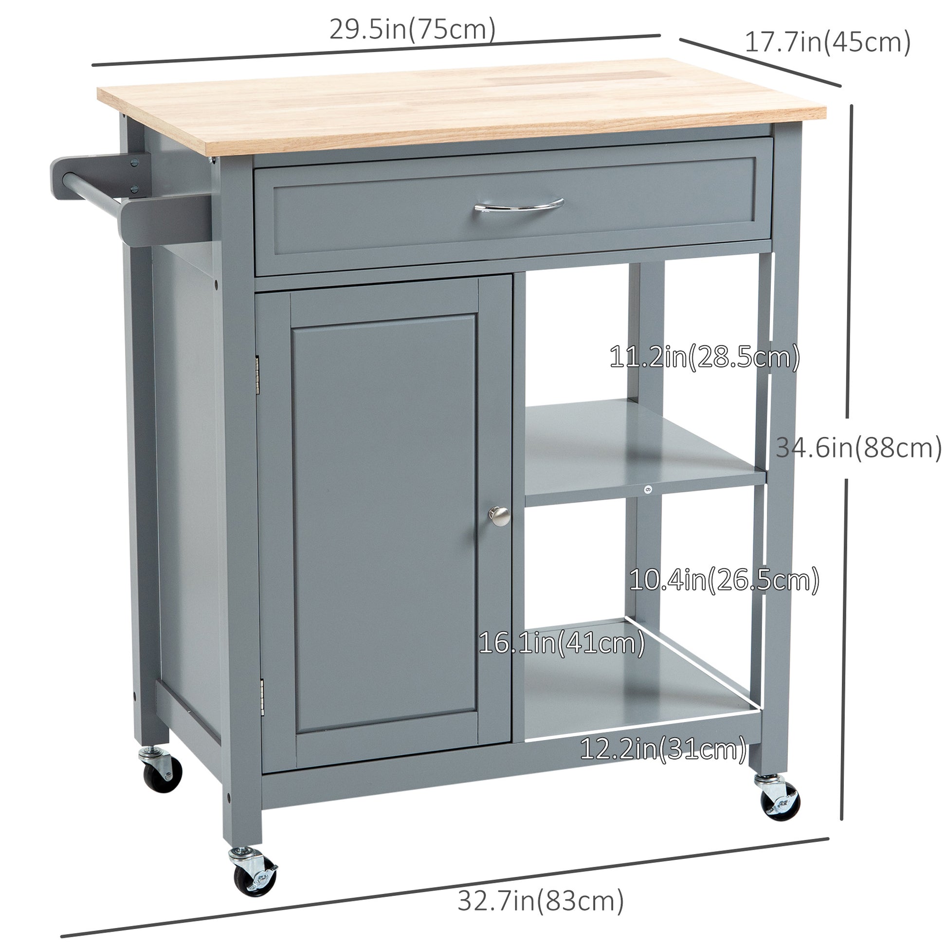 Rolling Kitchen Cart with Wood Top and Drawer, Kitchen Island on Wheels for Dining Room, Grey