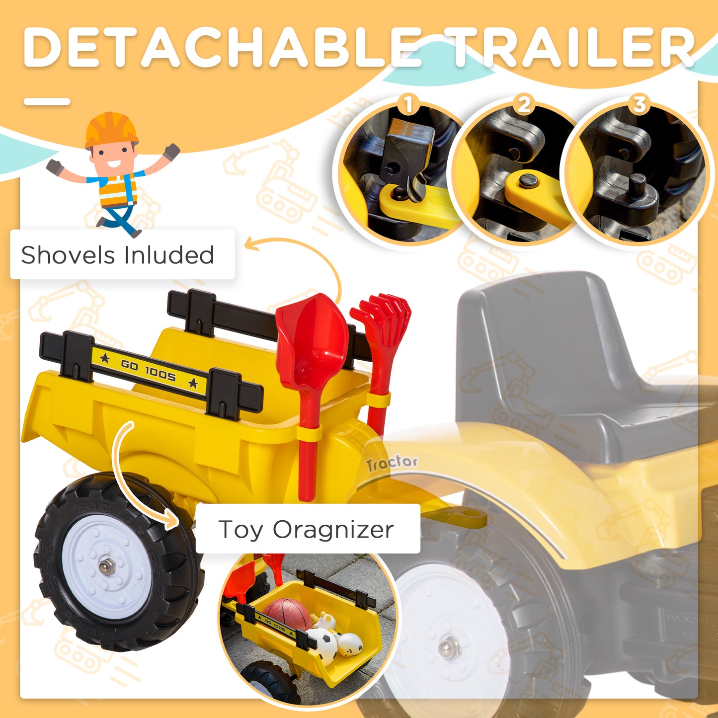 VarietyKart Ride on Tractor for Kids, Pedal Construction Car with Horn & Detachable Trailer for 3 Years Old, Yellow