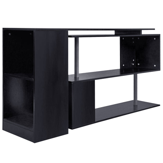 55" Corner Computer Desk, 360° Rotating L-Shaped Desk, Home Office Workstation with 3-Tier Shelves, Bookshelf, Black