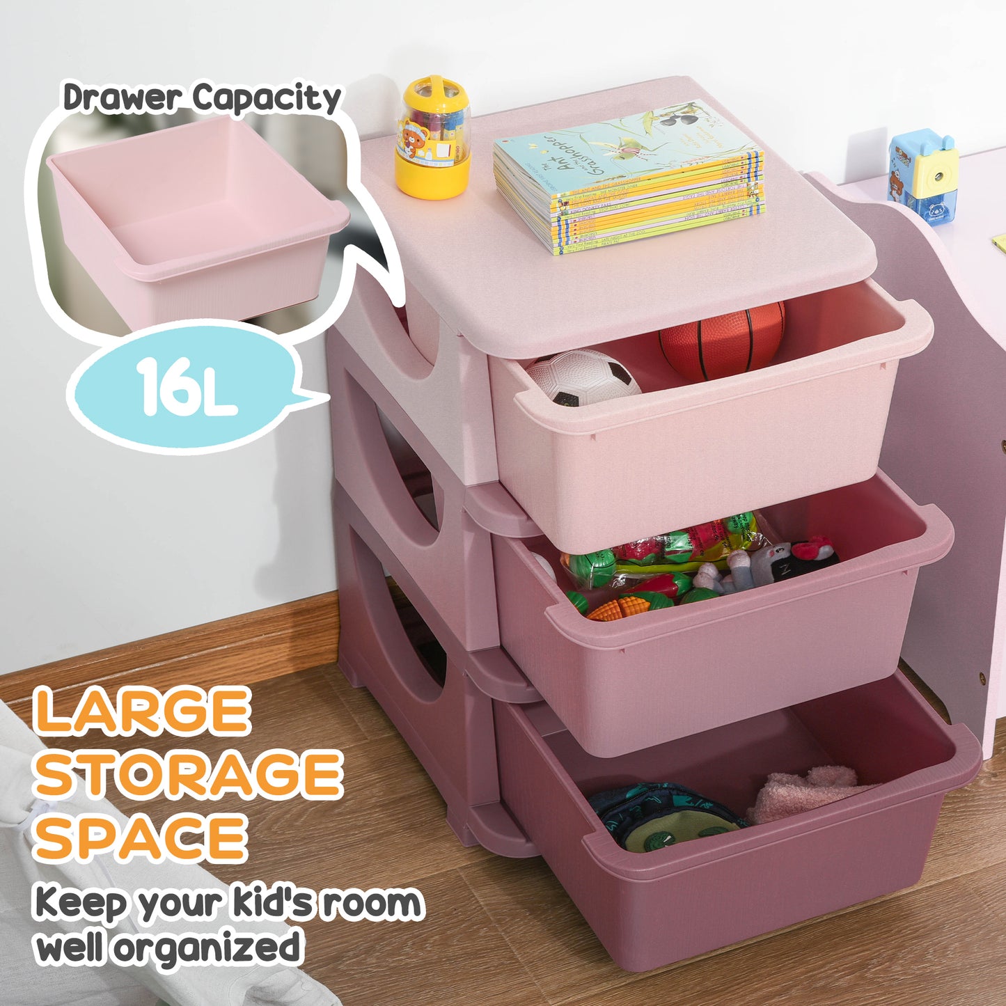 Qaba 3 Tier Kids Toy Organizer and Storage Bins with 3 Plastic Drawers, Pink