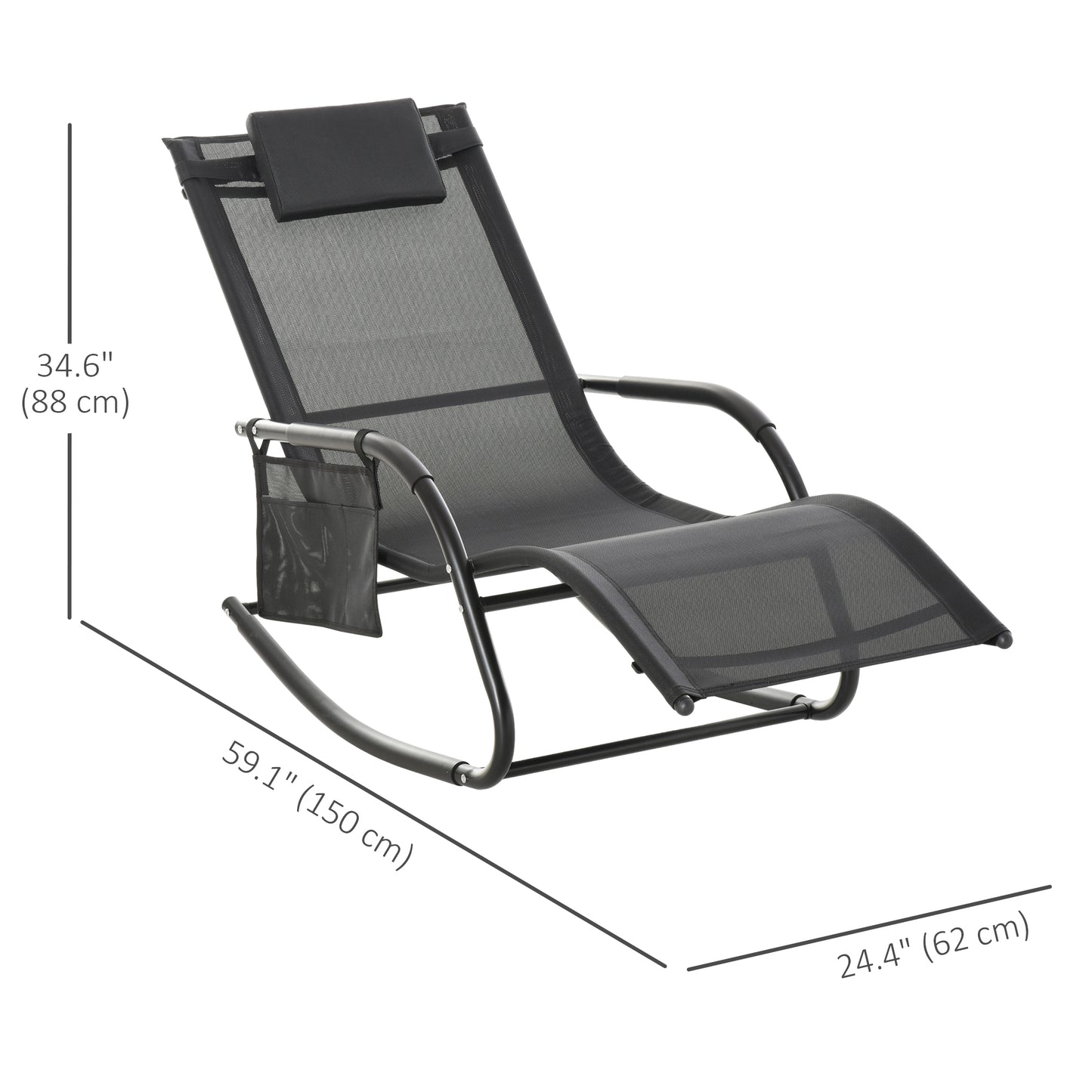 Patio Rocking Chair with Mesh Fabric, Outdoor Rocking Sling Sun Lounger with Removable Headrest and Side Pocket for Gard