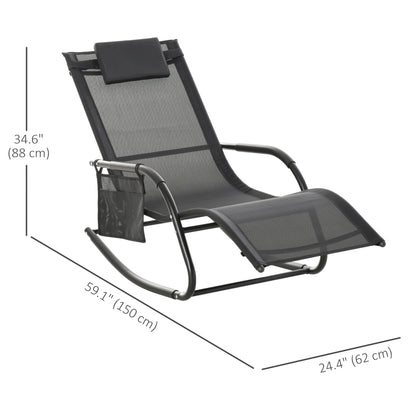 Patio Rocking Chair with Mesh Fabric, Outdoor Rocking Sling Sun Lounger with Removable Headrest and Side Pocket for Gard