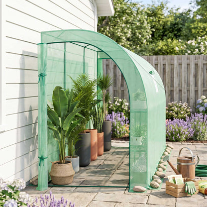Walk-in Wall Lean-to Greenhouse, 10' x 5' x 7' Outdoor Gardening Green House with PE Cover, Windows, Shelves and 2 Zippe