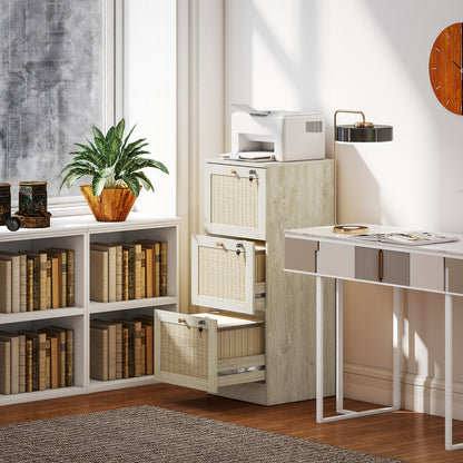 3 Drawer Filing Cabinet with Lock, Boho File Cabinet for A4 Letter Size Files with Decorative Rattan Accents, Oak