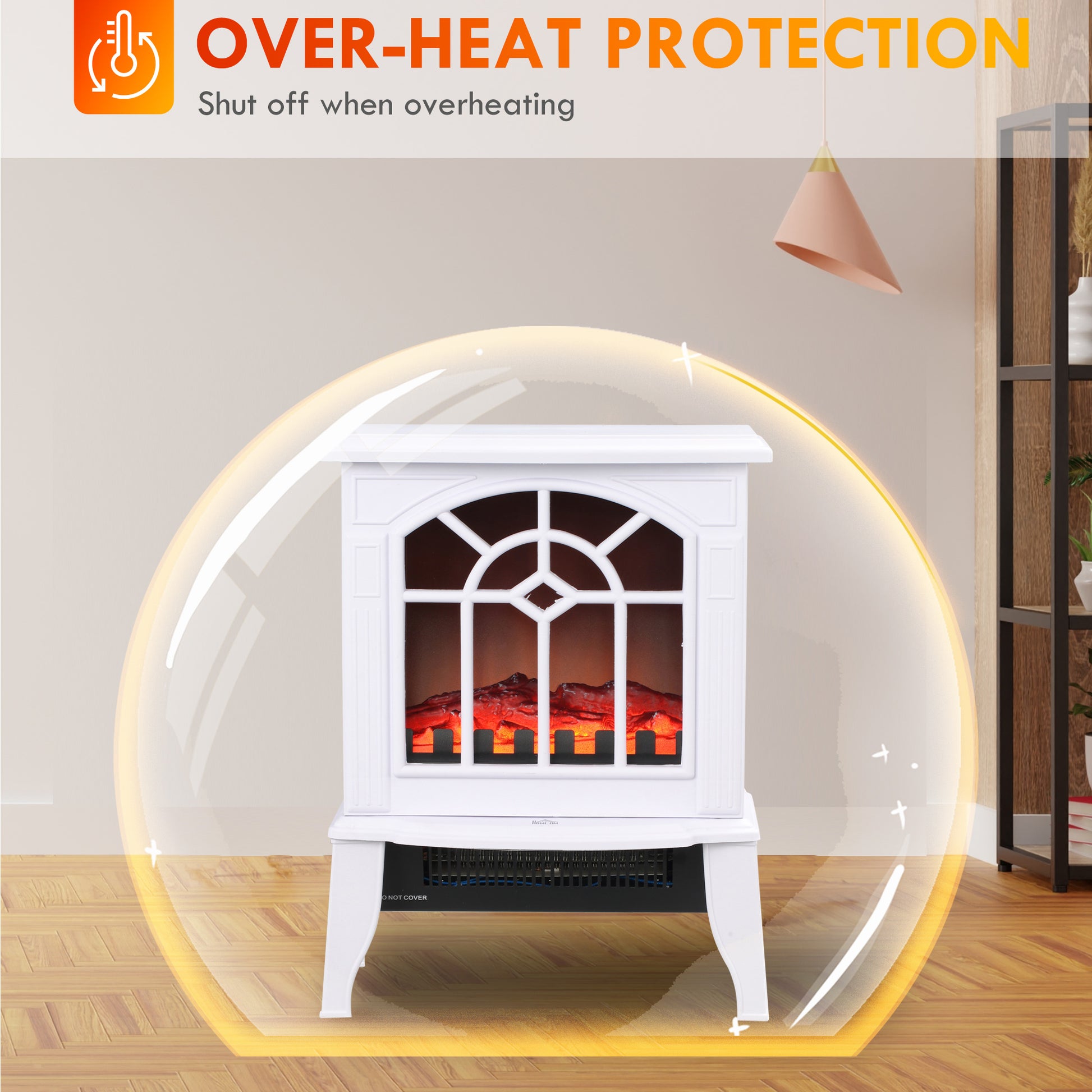 Electric Fireplace Heater, Freestanding Fireplace Stove with Realistic Flame and Overheat Protection, 750W/1500W, White