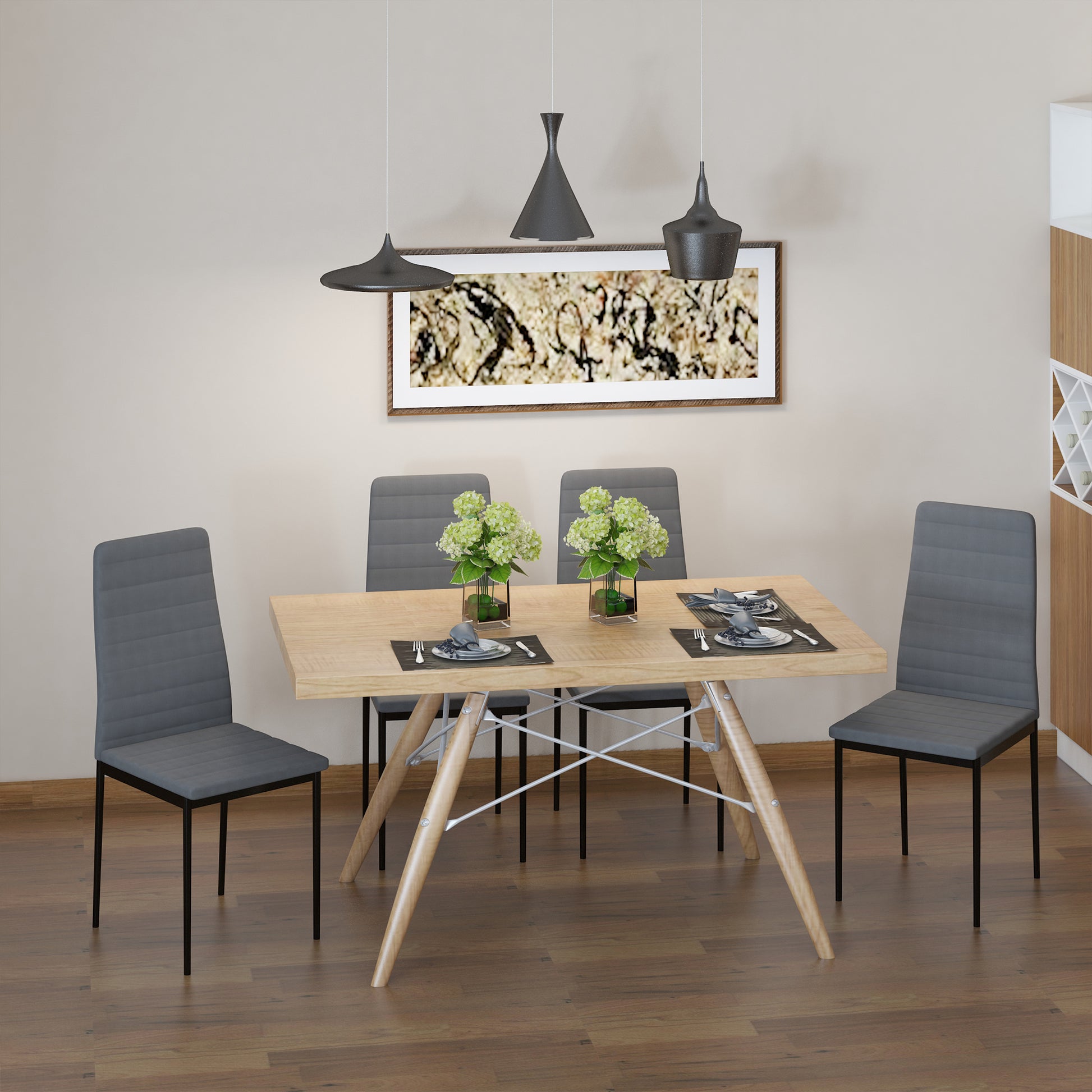 Modern Dining Chairs Set of 4, Upholstered Linen Fabric Kitchen Chairs with Channel Tufting and Metal Legs for Living Ro