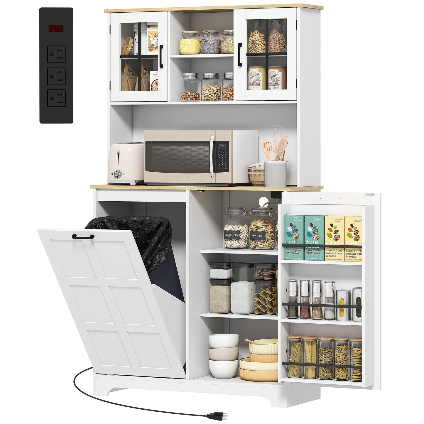Kitchen Pantry Cabinet with Charging Station, 7 Gallon Trash Can Cabinet, Adjustable Shelves and Acrylic Doors, White