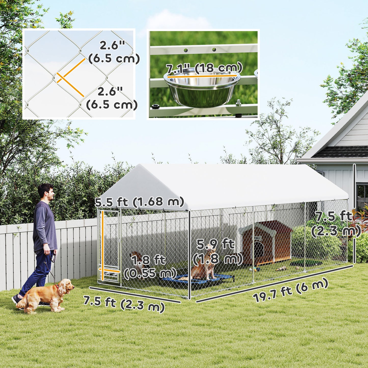 Outdoor Dog Run with Adjustable & Rotatable Bowls, Waterproof UV-Resistant Cover, Escape-Proof Lock, 19.7' x 7.5' x 7.5'