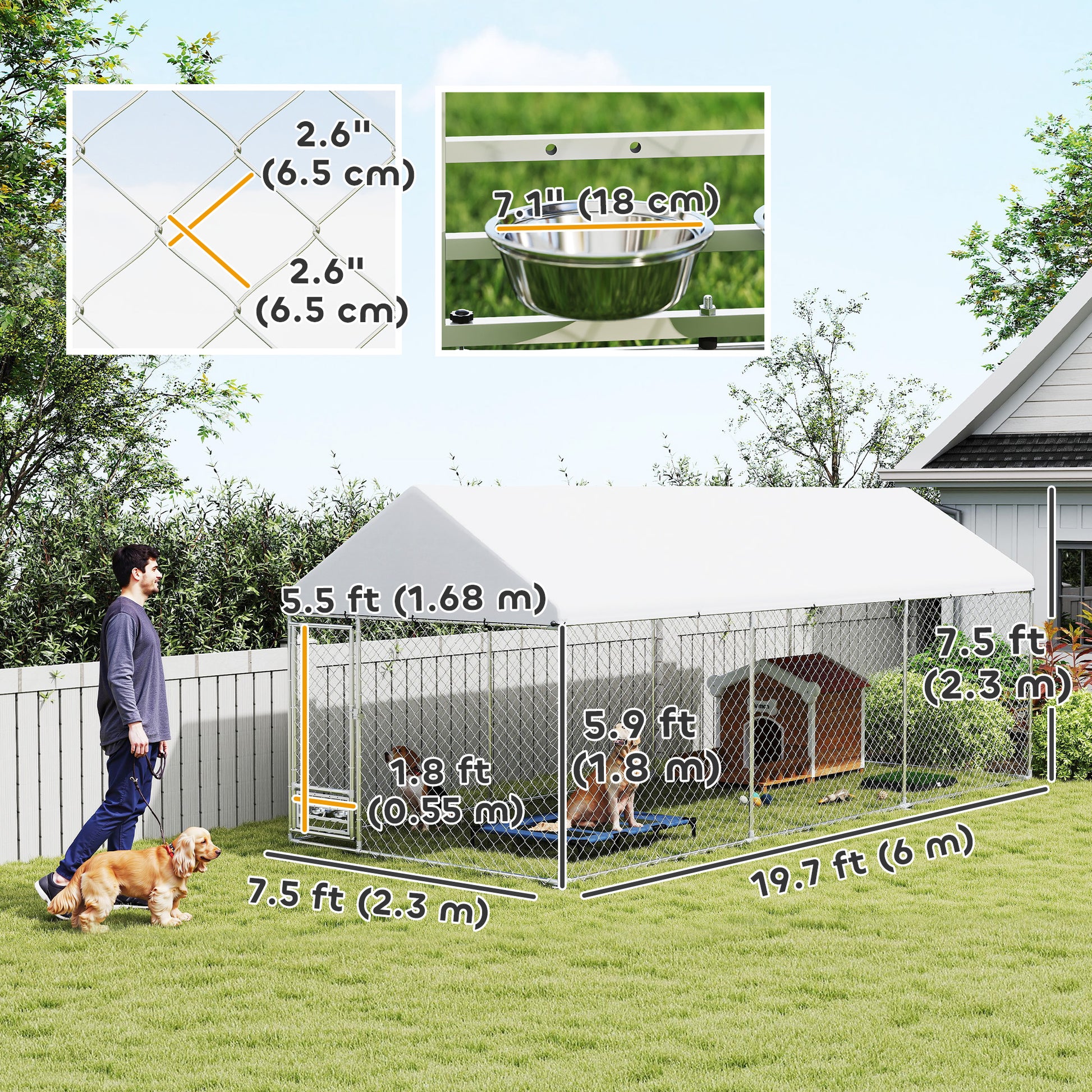 Outdoor Dog Run with Adjustable & Rotatable Bowls, Waterproof UV-Resistant Cover, Escape-Proof Lock, 19.7' x 7.5' x 7.5'