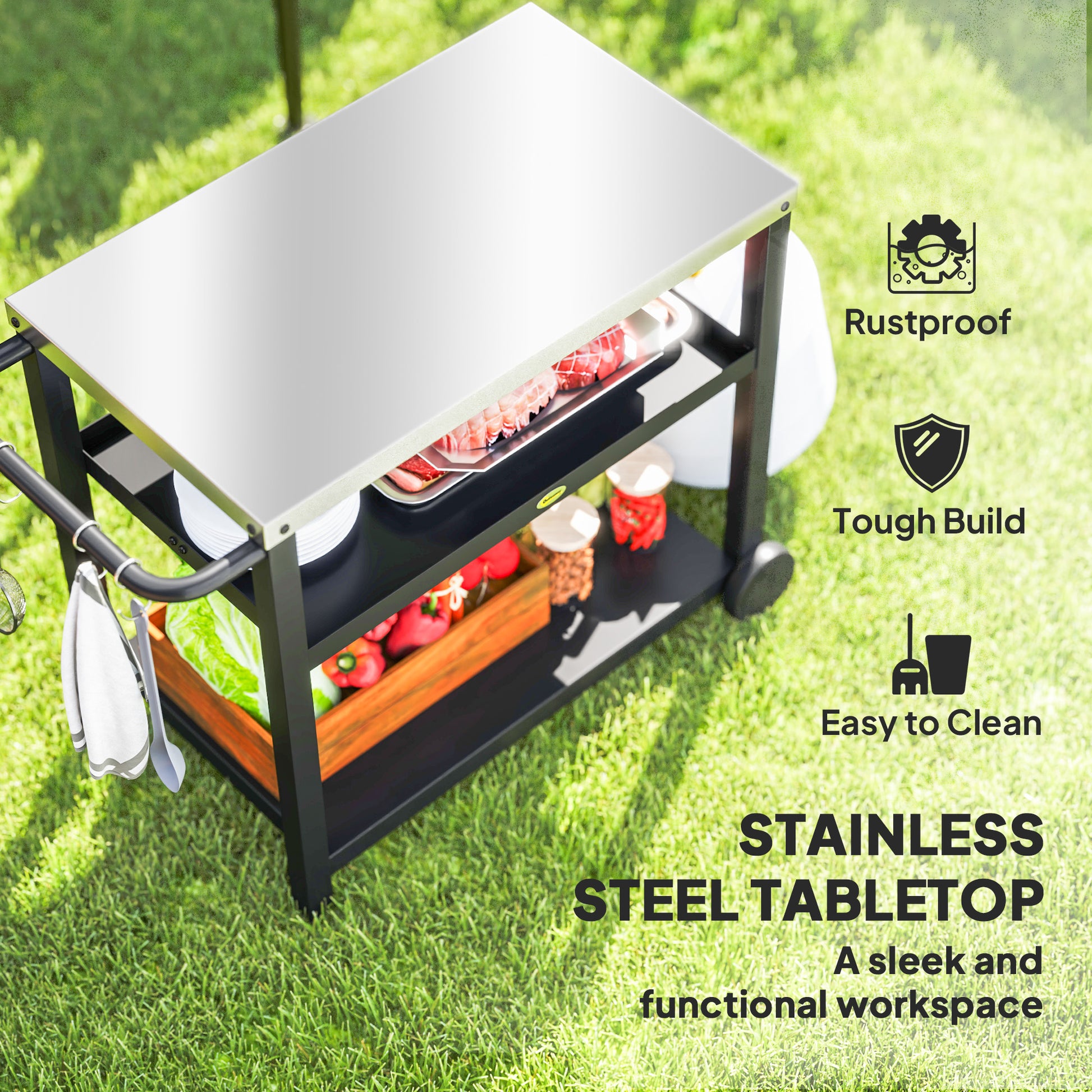 3-Shelf Outdoor Grill Dining Cart Pizza Oven Stand with Stainless Steel Top, Movable BBQ Food Prep Table Outdoor Kitchen
