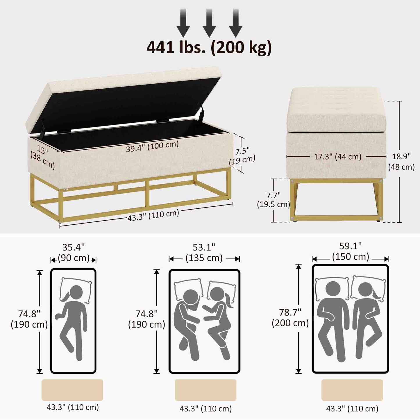 Storage Ottoman with Flip Top, Upholstered Storage Bench, Linen Fabric Footstool with Steel Legs for Living Room, Bedroo