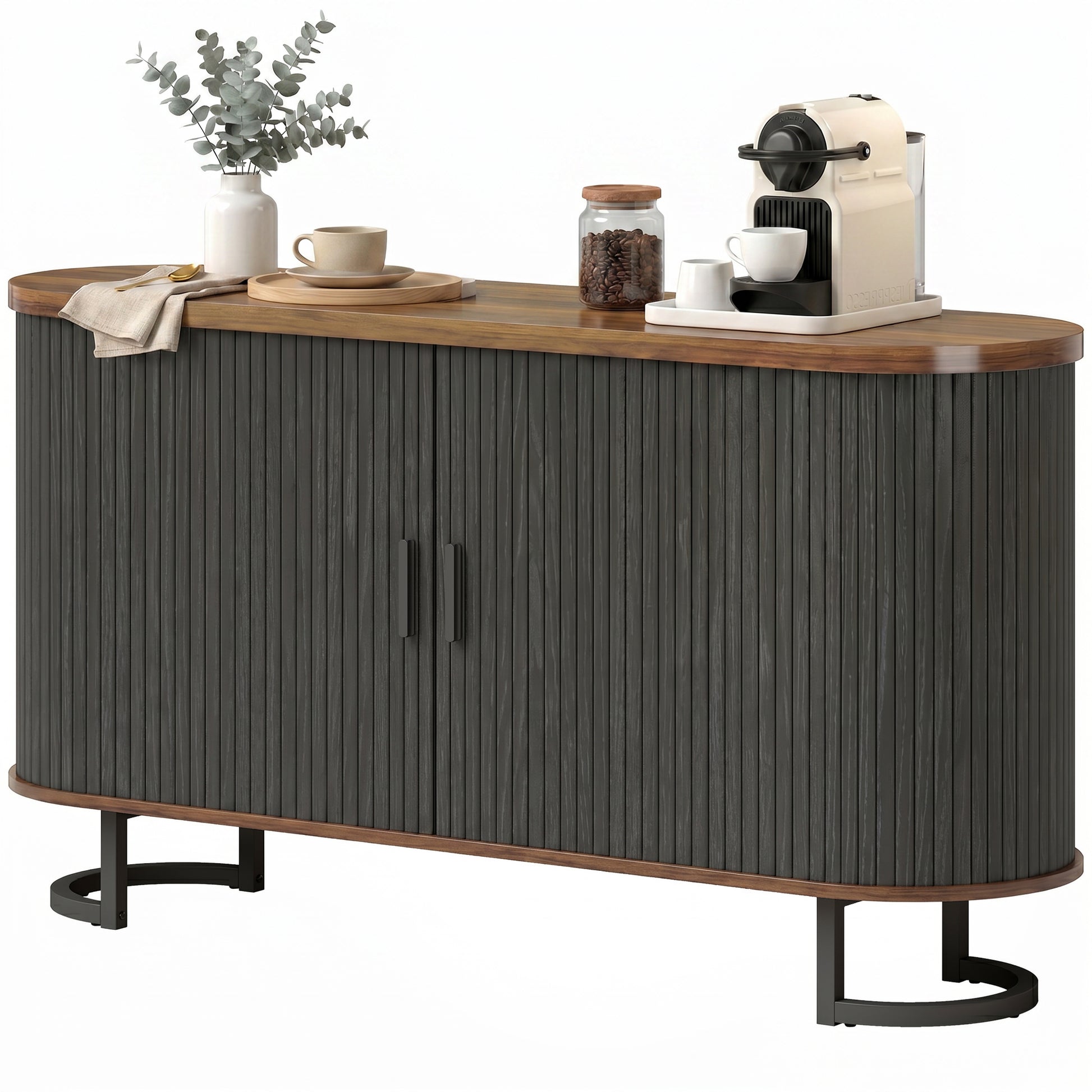 Fluted Sideboard Buffet Cabinet, 55" Modern Coffee Bar Cabinet with Sliding Doors and Adjustable Shelves, Black