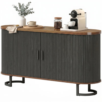 Fluted Sideboard Buffet Cabinet, 55" Modern Coffee Bar Cabinet with Sliding Doors and Adjustable Shelves, Black