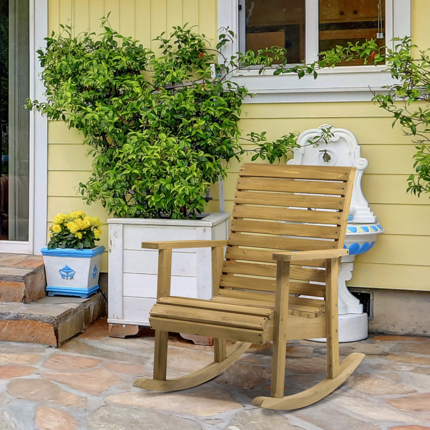 Wooden Outdoor Rocking Chair, Patio Traditional Rocking Chair, Slatted Structure Porch Rocker w/ Armrest for Both Outdoo
