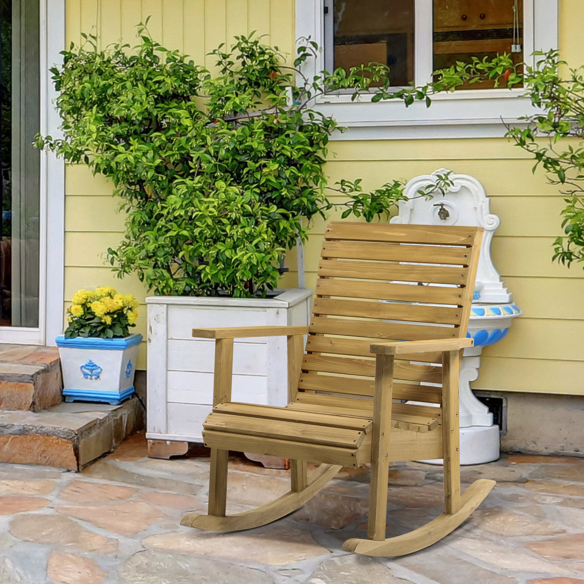 Wooden Outdoor Rocking Chair, Patio Traditional Rocking Chair, Slatted Structure Porch Rocker w/ Armrest for Both Outdoo