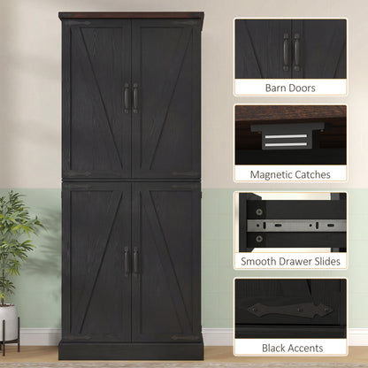 72" Tall Kitchen Pantry Cabinet, Farmhouse Storage Cabinet with 8 Door Racks and Adjustable Shelves, Black