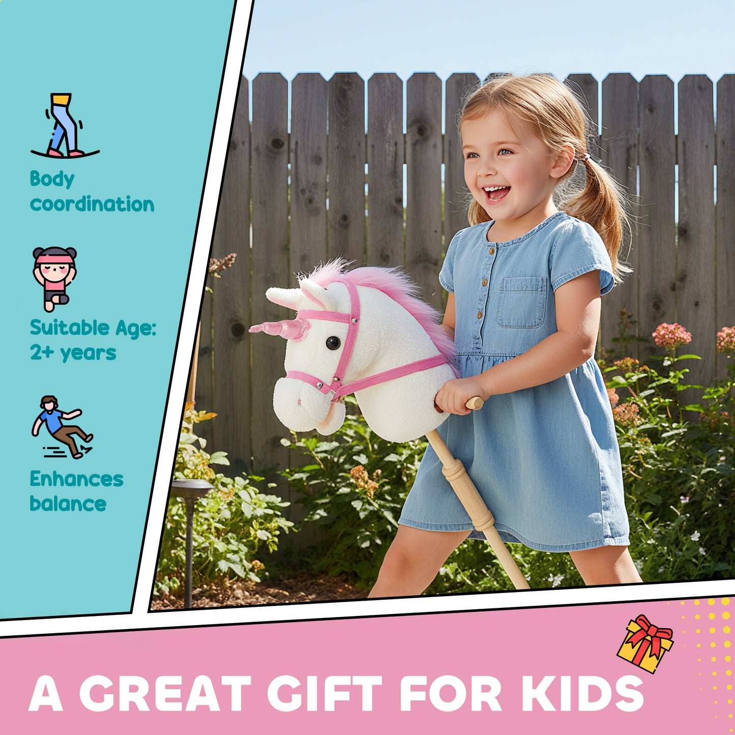Qaba Unicorn Stick Horse, Plush Hobby Horse with Wood Wheels, Real Pony Neighing and Galloping Sounds, for Kids, White