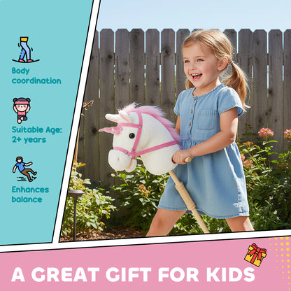 Qaba Unicorn Stick Horse, Plush Hobby Horse with Wood Wheels, Real Pony Neighing and Galloping Sounds, for Kids, White