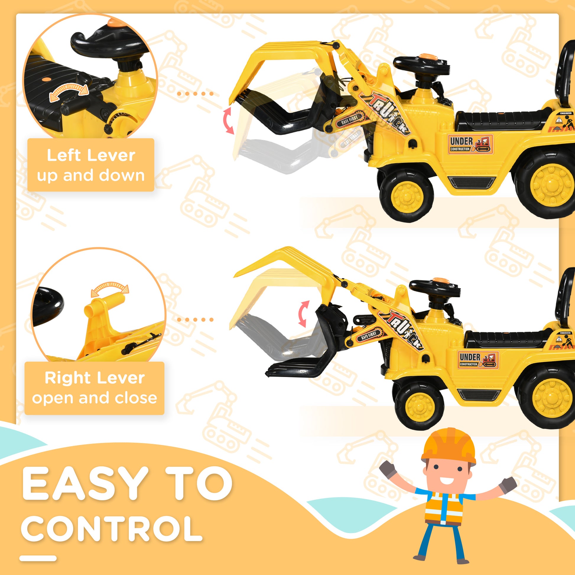 VarietyKart Ride On Excavator Toy No Power Digger with Realistic Sound Grabber Storage, for 2-4 Years Old, 32.7"x10.6"x1