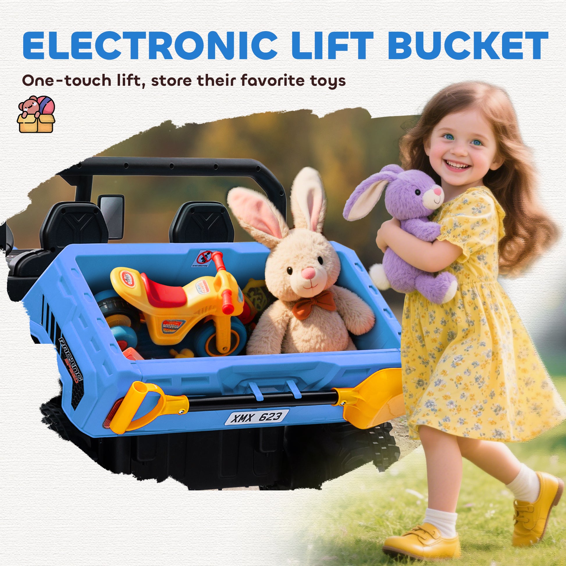 VarietyKart 12V Ride on Car with Electric Bucket, Two-Seater, Shovel, Remote Control, Spring Suspension, Horn, Music, Bl