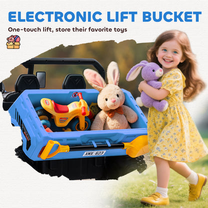 VarietyKart 12V Ride on Car with Electric Bucket, Two-Seater, Shovel, Remote Control, Spring Suspension, Horn, Music, Bl