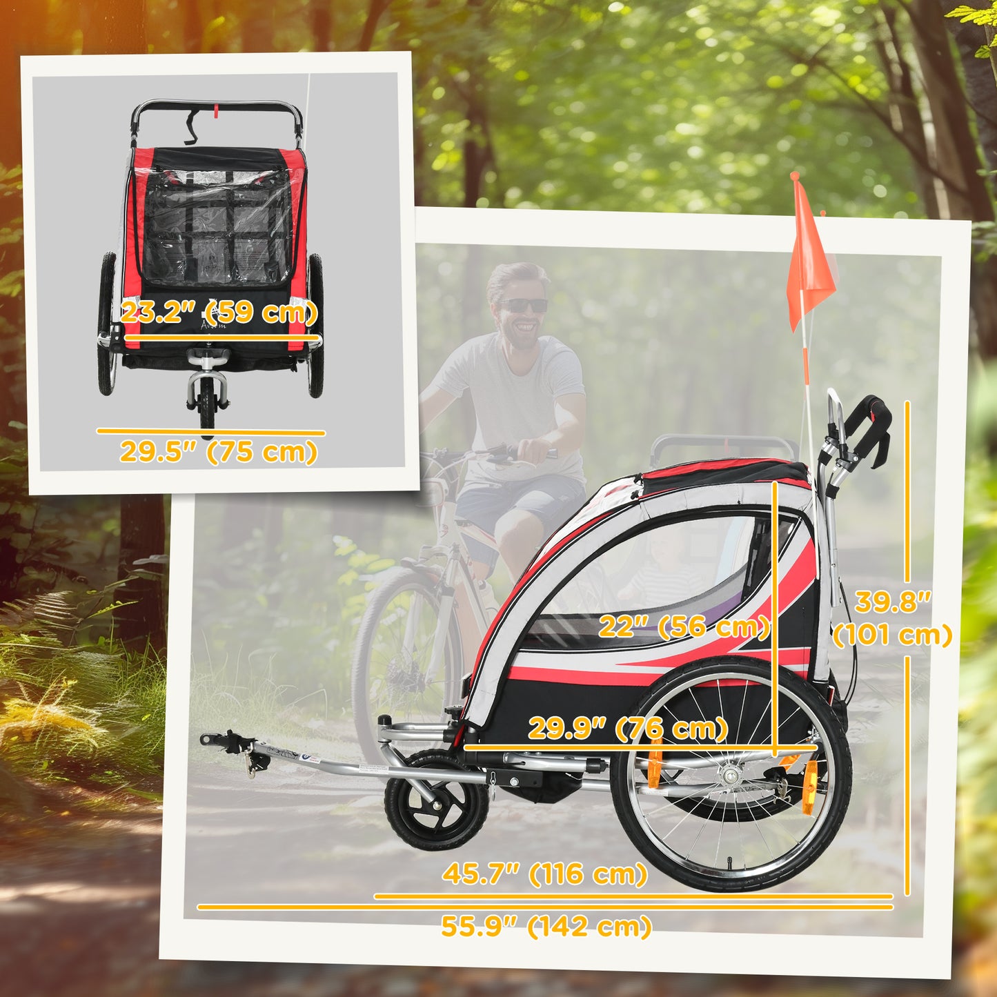 VarietyKart 2 Seat Bike Trailer for Kids 2-in-1 Double Baby Stroller with Handbrake, Rubber Wheels, 5 Point Harness, Wat