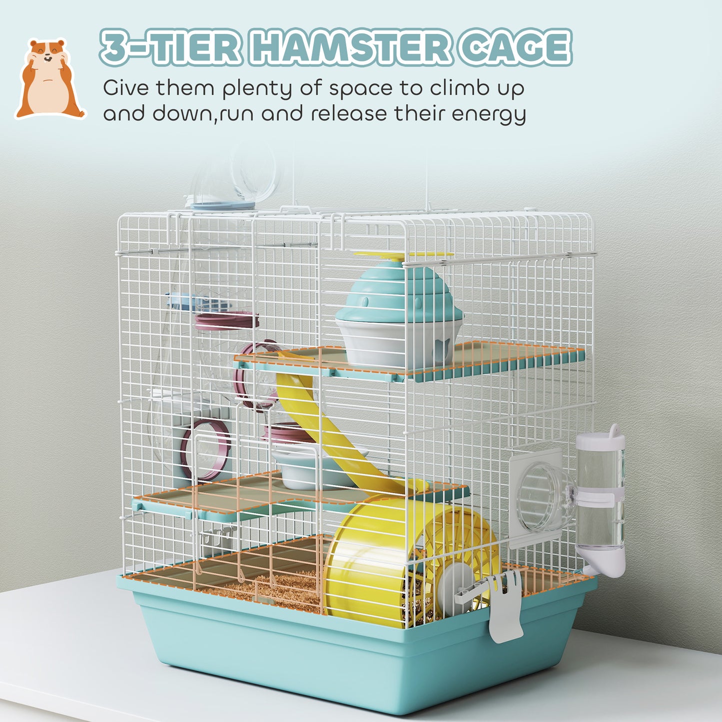 3-Level Hamster Cage with Exercise Wheel, Play Tube, Water Bottle, Food Dish, Hut, Ladder, Blue