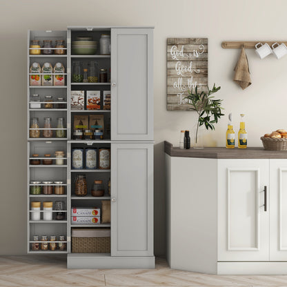 65" Kitchen Cabinet, Kitchen Pantry Cabinet with 4 Doors and 16 Door Shelves for Dining Room, Grey