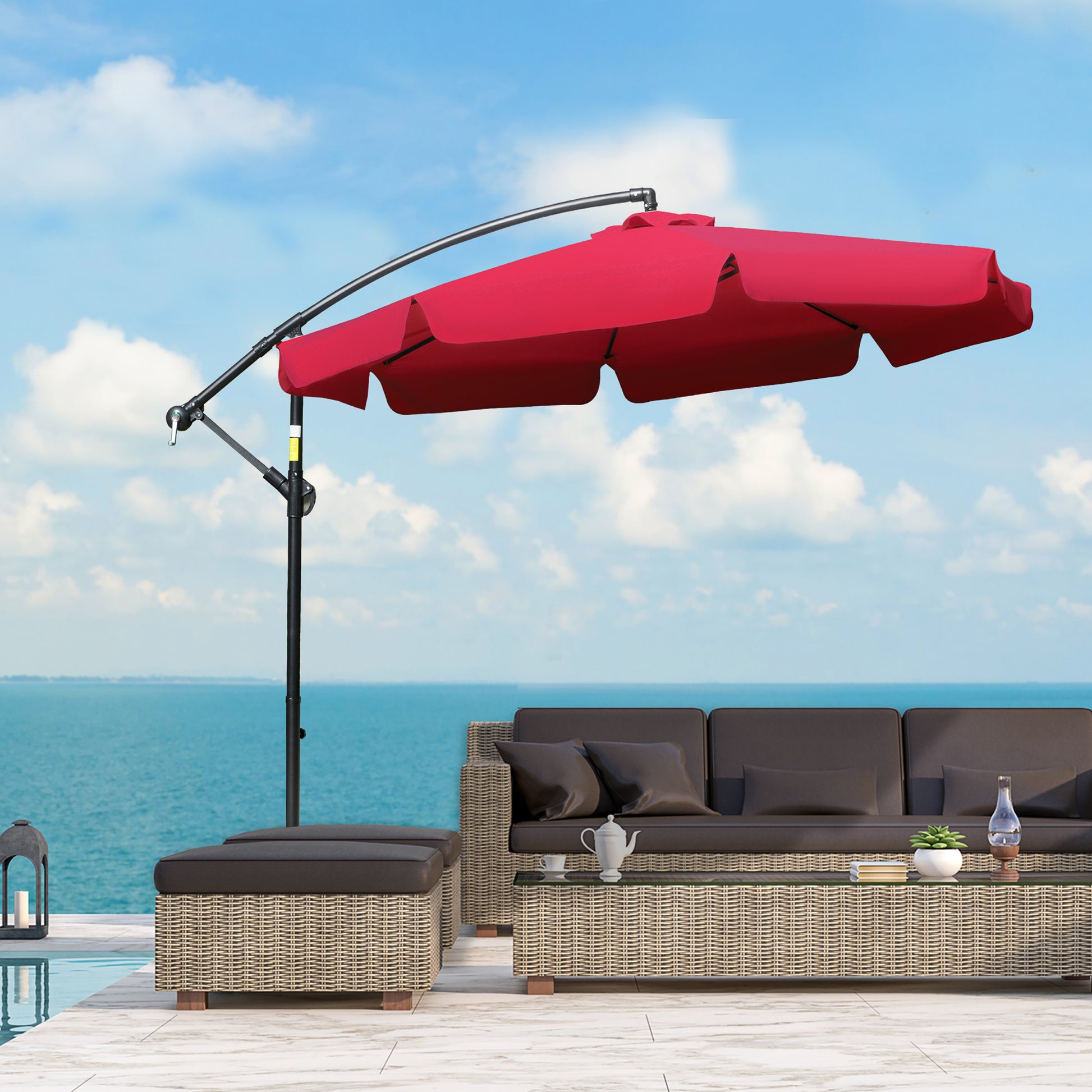 9FT Offset Hanging Patio Umbrella Cantilever Umbrella with Easy Tilt Adjustment, Cross Base and 8 Ribs for Backyard, Poo