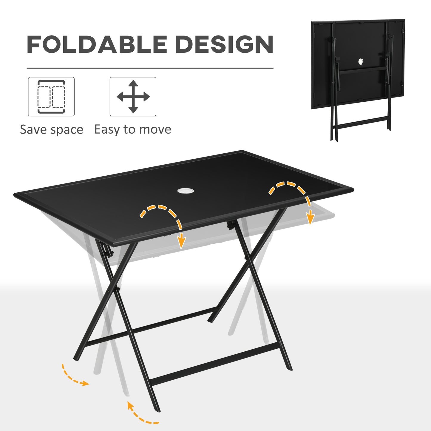 Foldable Outdoor Dining Table with Umbrella Hole, Patio Table for 6 with Glass Top Table, Metal Frame for Garden Lawn Ba