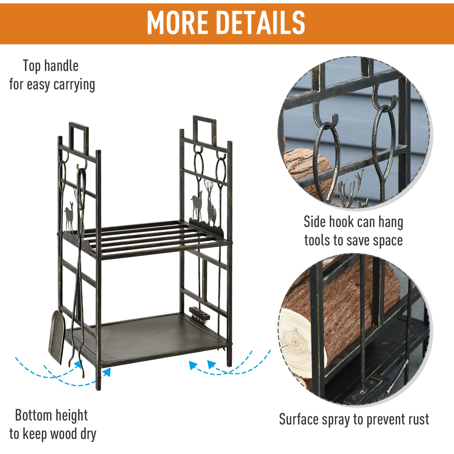 20.25" x 13" x 30.25" 2-Layer Heavy Duty Firewood Rack Wood Log Fireplace Stacker  w/ 4 Tools, Black and Gold
