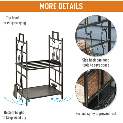 20.25" x 13" x 30.25" 2-Layer Heavy Duty Firewood Rack Wood Log Fireplace Stacker  w/ 4 Tools, Black and Gold
