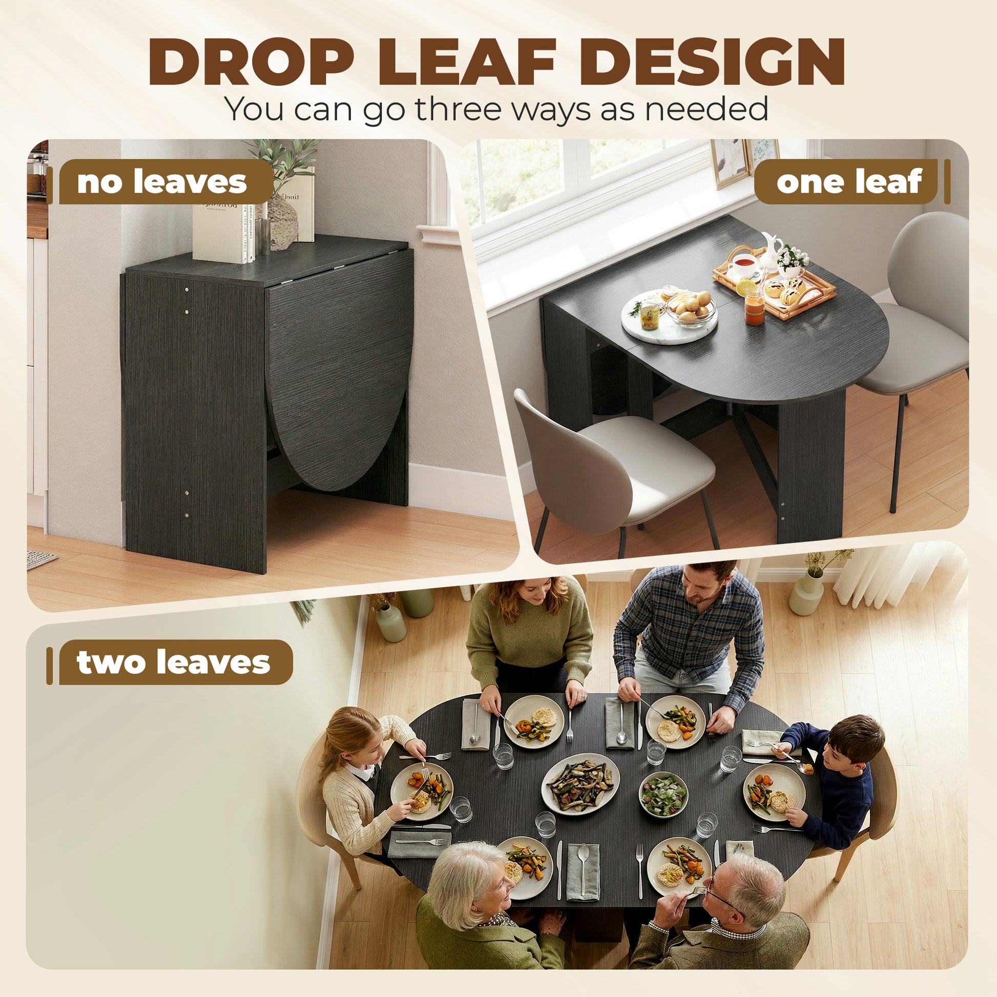 Oval Folding Dining Table, Space Saving Drop Leaf Kitchen Table for Dining Room, Living Room, Black