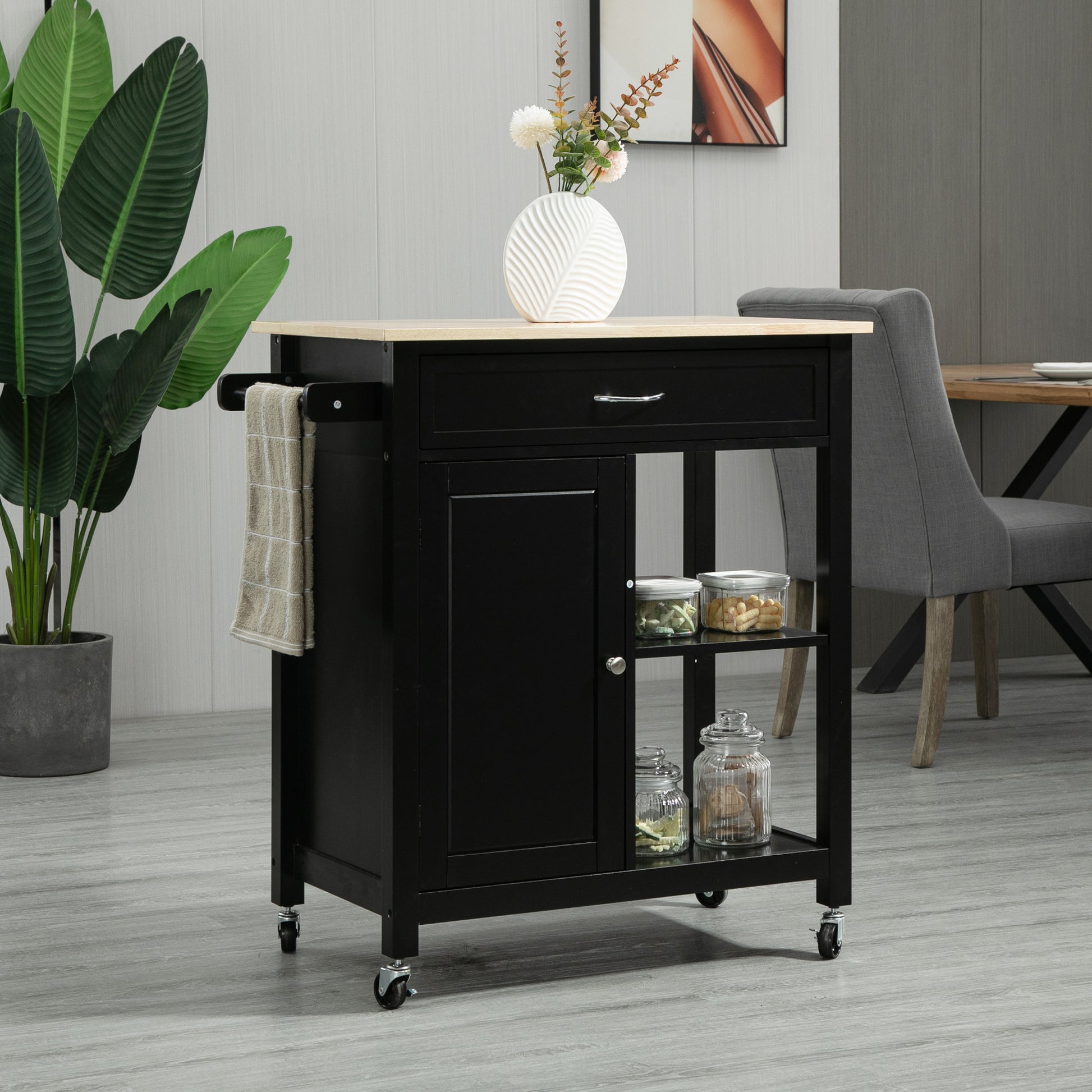 Rolling Kitchen Cart with Wood Top and Drawer, Kitchen Island on Wheels for Dining Room, Black | VarietyKart Canada