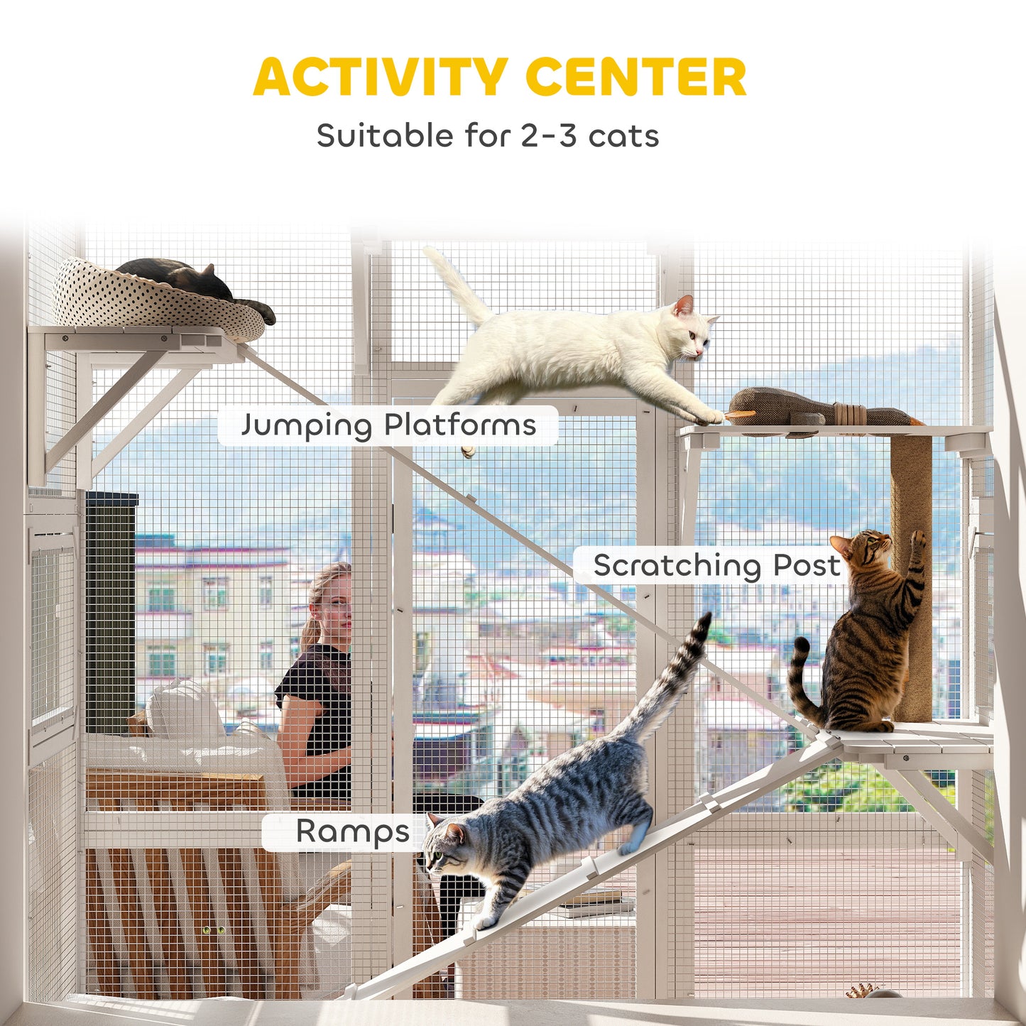 Large Outdoor Catio with 6 Jumping Platforms, Scratching Post, 2 Ramps, Waterproof Roof, White