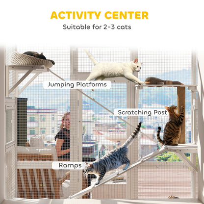 Large Outdoor Catio with 6 Jumping Platforms, Scratching Post, 2 Ramps, Waterproof Roof, White