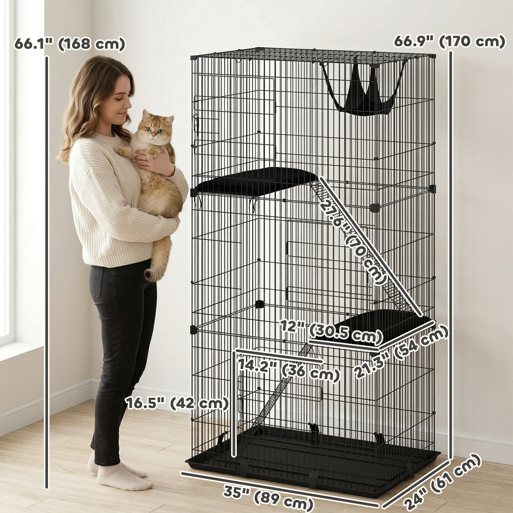 3-Tier Cat Cage Indoor, Detachable Metal Wire Kennel withwith Hammock, Platform, Tray and Cushion for 1-2 Kittens