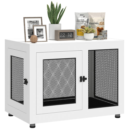 Pet Crate End Table with Water-resistant Cushion or Large Medium Dogs, White