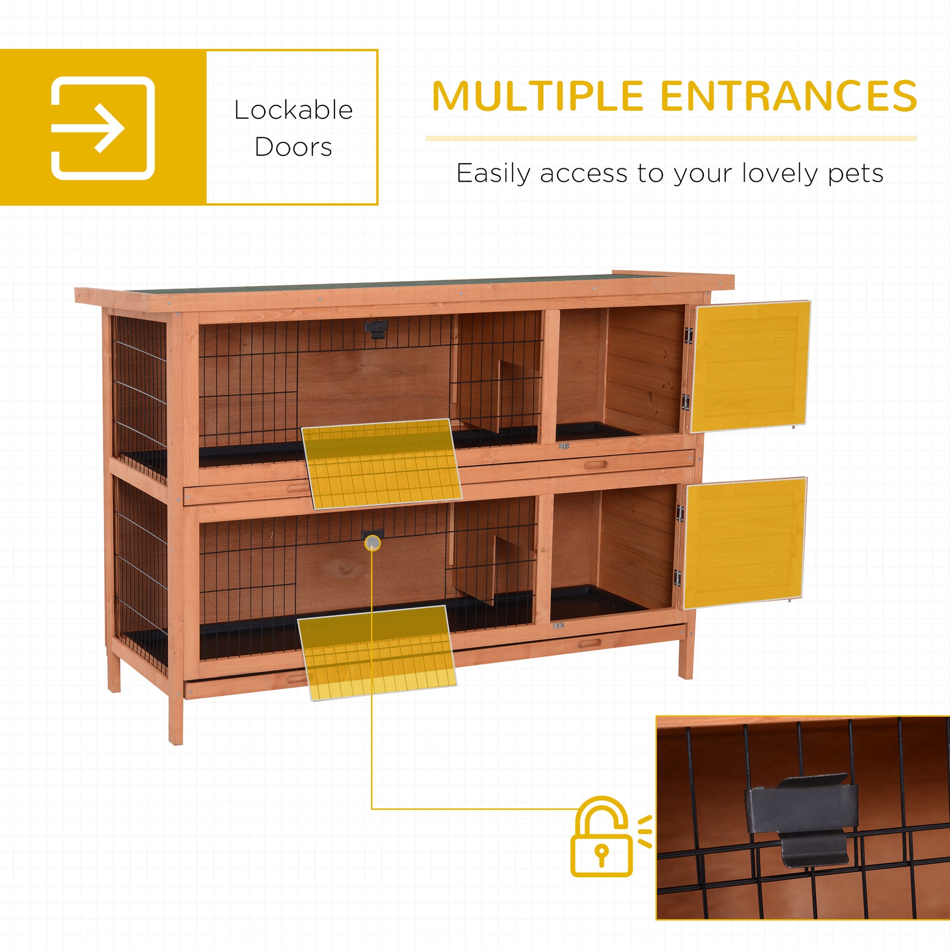 54"L 2-Story Large Rabbit Hutch Bunny Cage Wooden Pet House Small Animal Habitat with Lockable Doors, No Leak Tray and W
