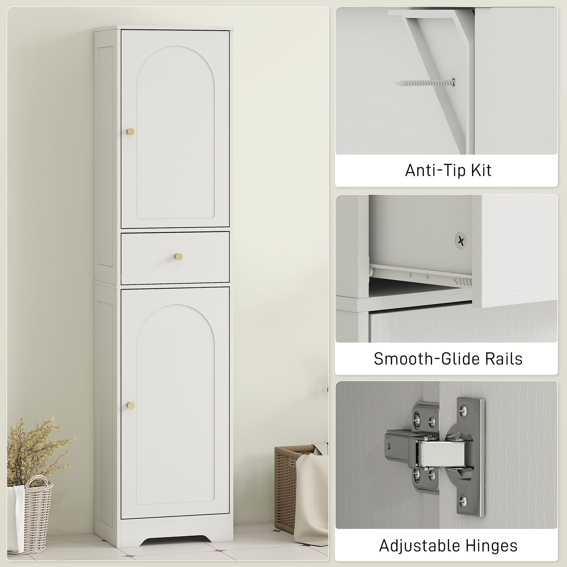 67" Tall Bathroom Cabinet, Slim Bathroom Storage Cabinet with 2 Doors, Drawer and Adjustable Shelf, White Wood Grain