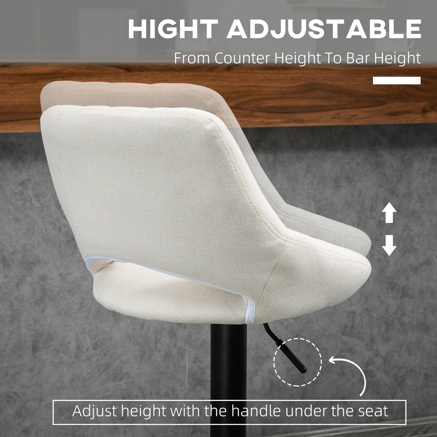 Bar Stools Set of 2, Swivel Counter Height Barstools with Adjustable Height, Linen Upholstered Bar Chairs with Round Met