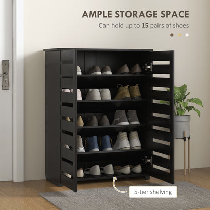 Shoe Storage Cabinet, Shoe Cabinet with 2 Slatted Doors for 15 Pairs of Shoes, Black