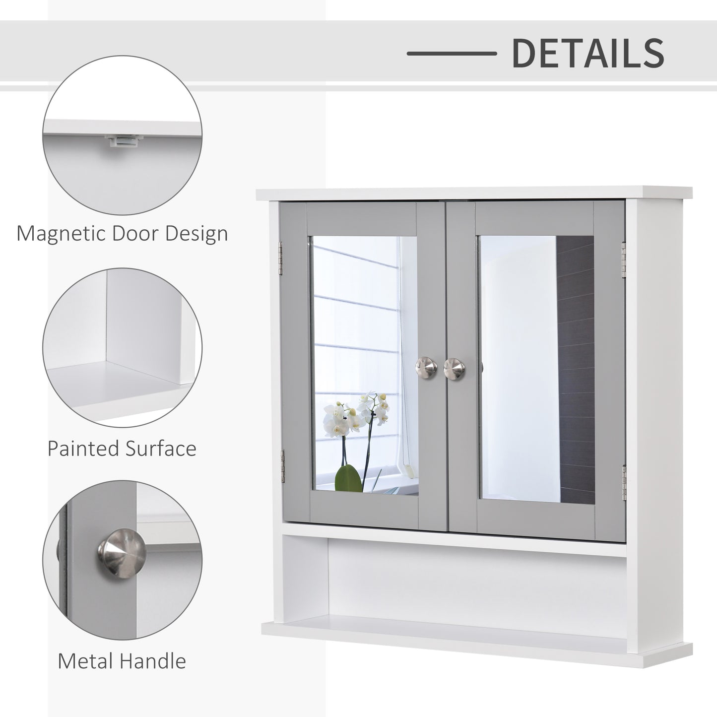 Medicine Cabinet, Wall-Mounted Bathroom Mirror Cabinet with Double Doors, Open Shelf, and Adjustable Shelf, Modern Bathr
