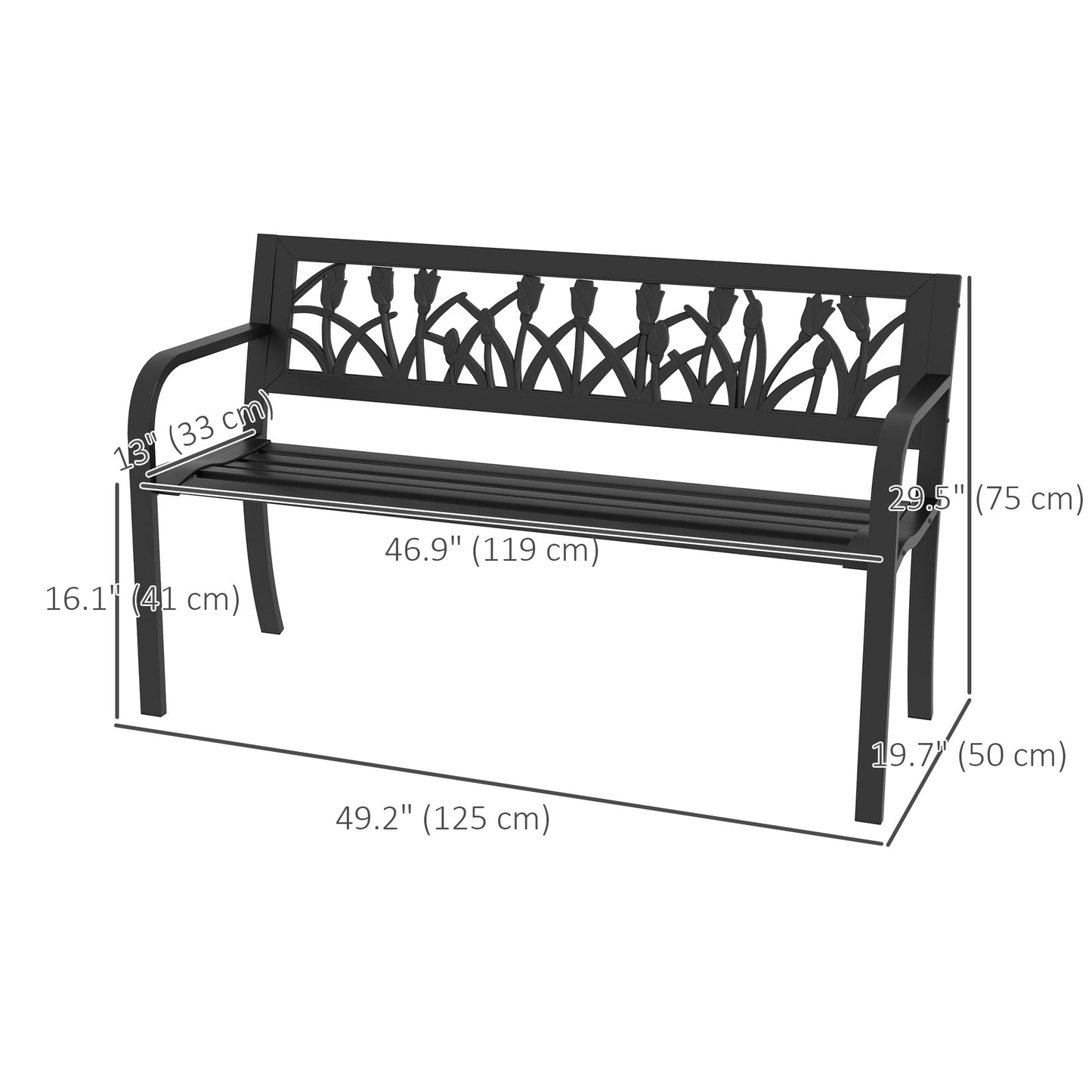 49" Metal Outdoor Bench Patio Bench with Curved Arms and Slatted Seat for Patio, Backyard, Lawn