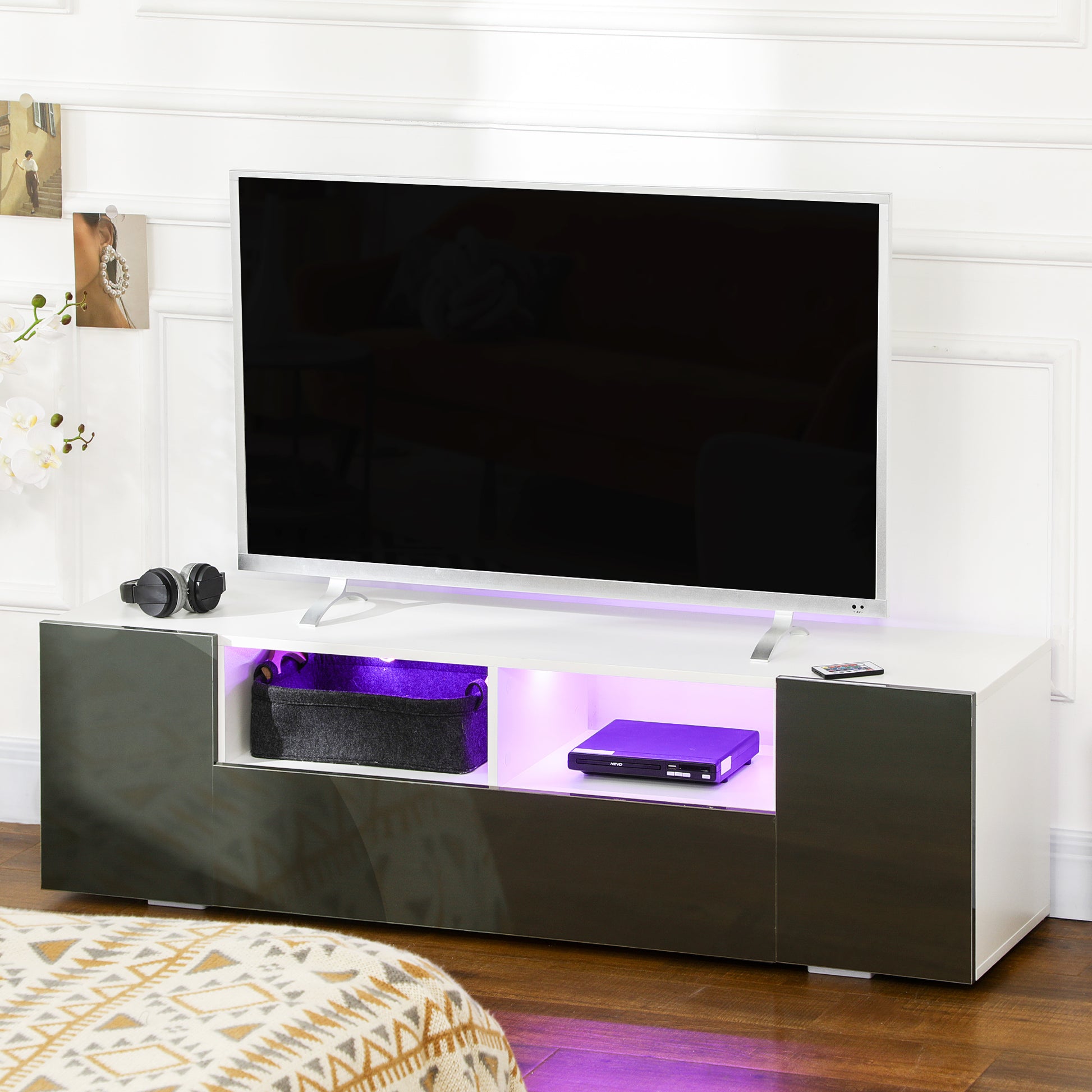 TV Stand for TVs up to 60", TV Unit with LED Lights, Storage Shelves and Cupboards, 53.9" x 13.8" x 16.5", Grey