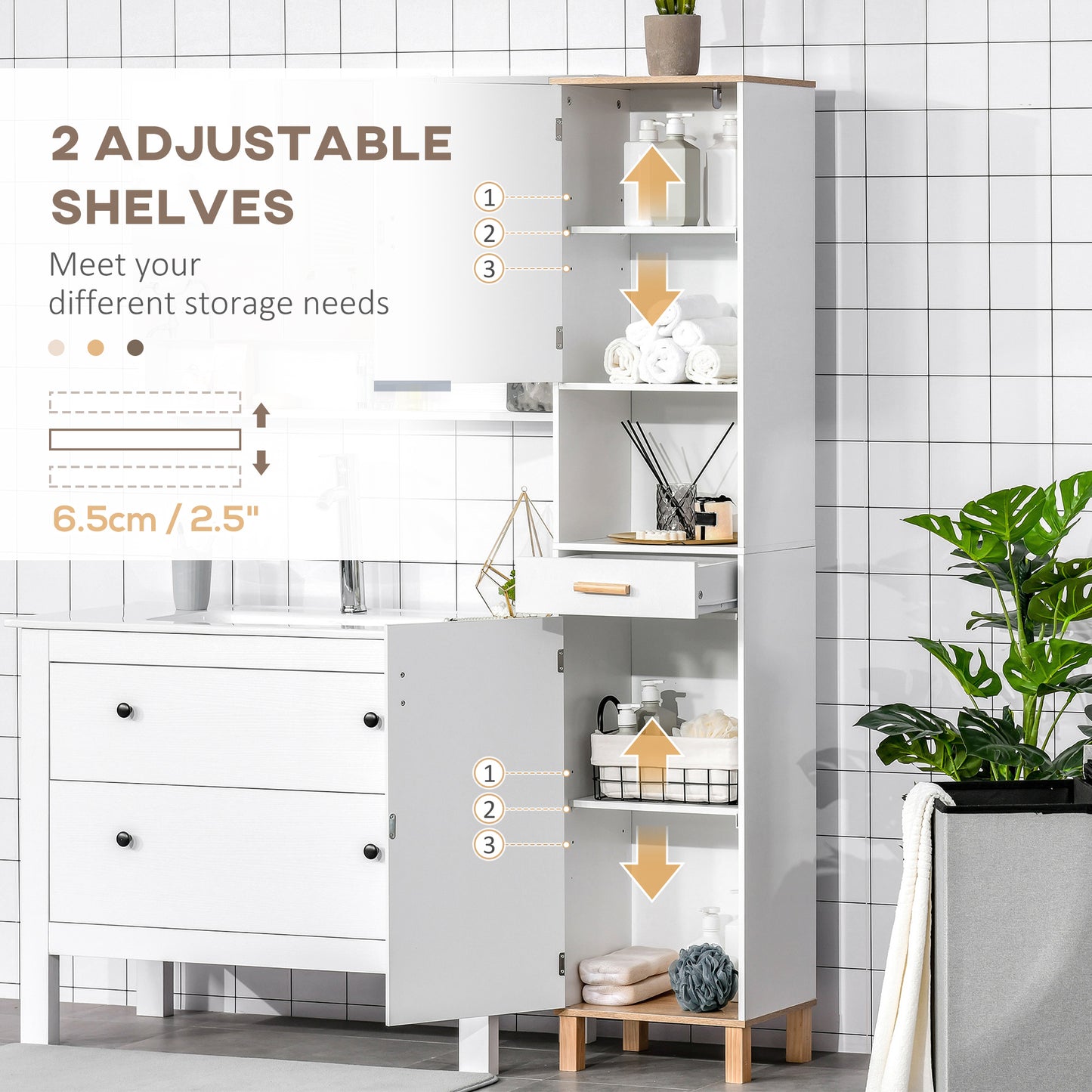 Bathroom Storage Cabinet with Cupboards and Drawer, Floor Free Standing Linen Tower, Tall Slim Side Organizer Shelves, W