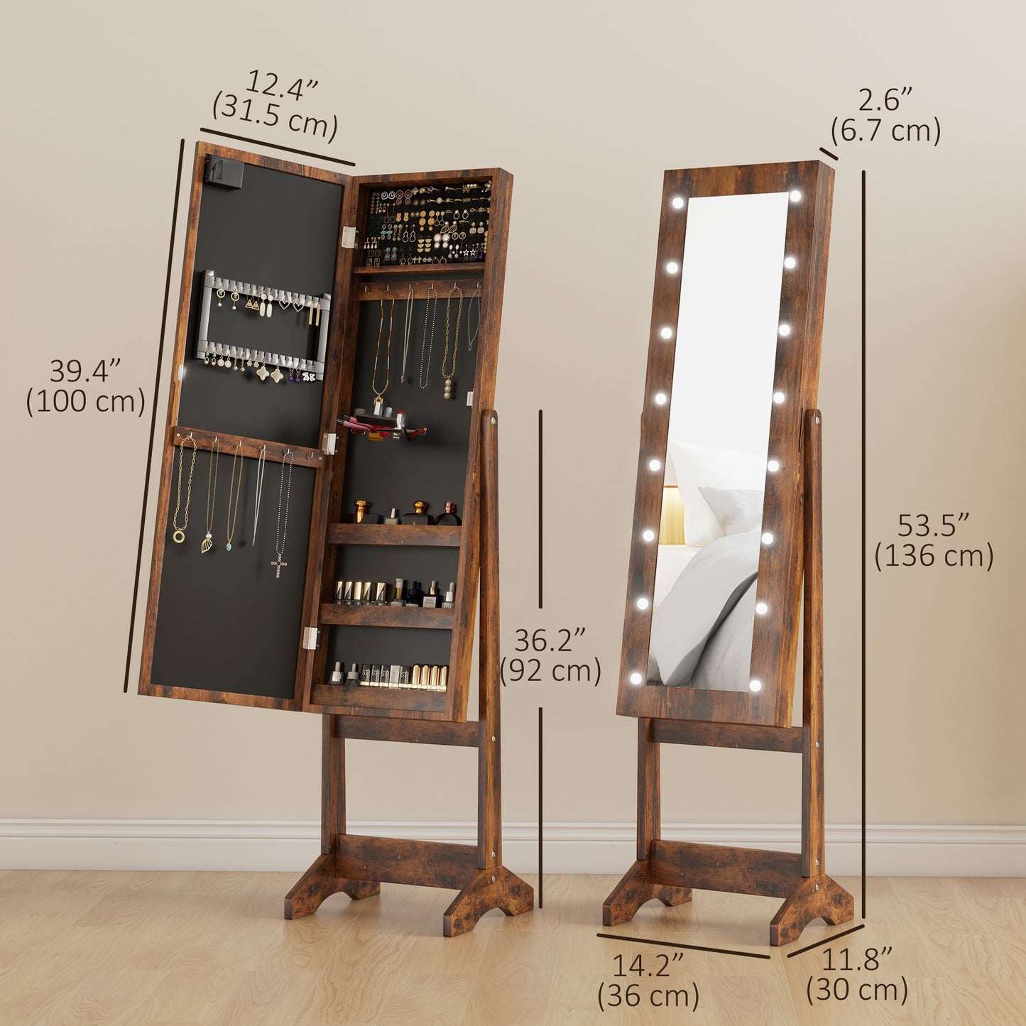 Free Standing Armoire Organizer, Lighted Mirrored Jewelry Cabinet w/ Angle Adjustable & 16 LED Lights Rustic Brown