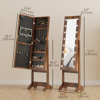 Free Standing Armoire Organizer, Lighted Mirrored Jewelry Cabinet w/ Angle Adjustable & 16 LED Lights Rustic Brown