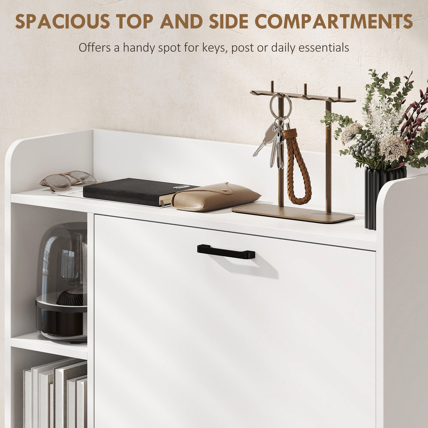 Shoe Cabinet with 2 Flip Drawers, 3 Side Compartments, Adjustable Shelves, 8-12 Pairs for Entryway Hallway, White