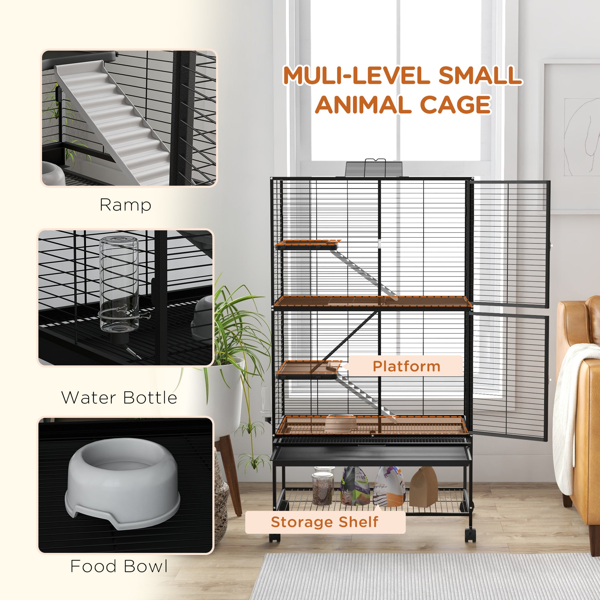 Rolling Small Animal Cage 54"H Chinchilla Cage for Ferrets, Squirrels w/ Removable Tray, Storage Shelf, Black